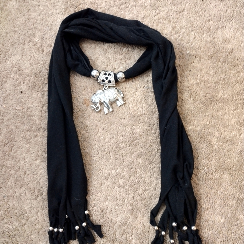 Women's fashion long necklace scarf with soft silver elephant ornament